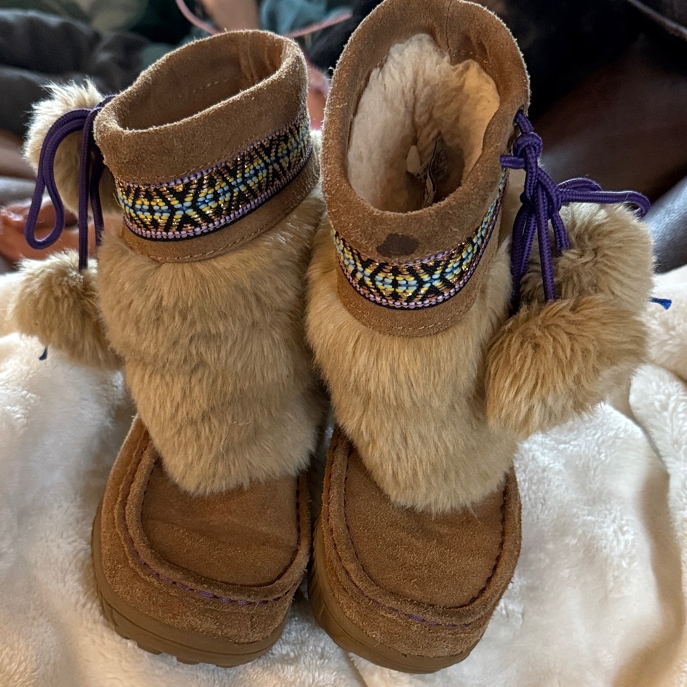 BearPaw Tan Kids Boots with Purple Accents